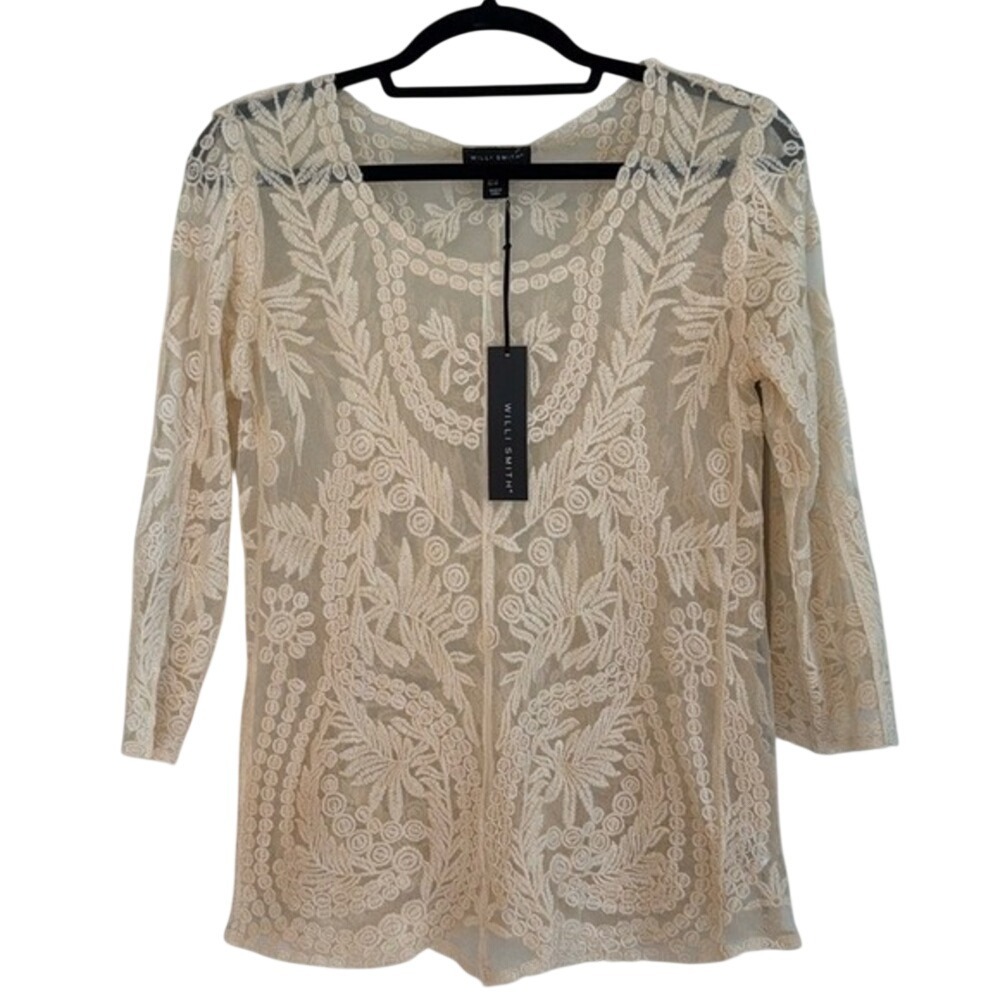 Willi Smith Womens Cream Embroidered Sheer Mesh Romantic Blouse Top XS NWT